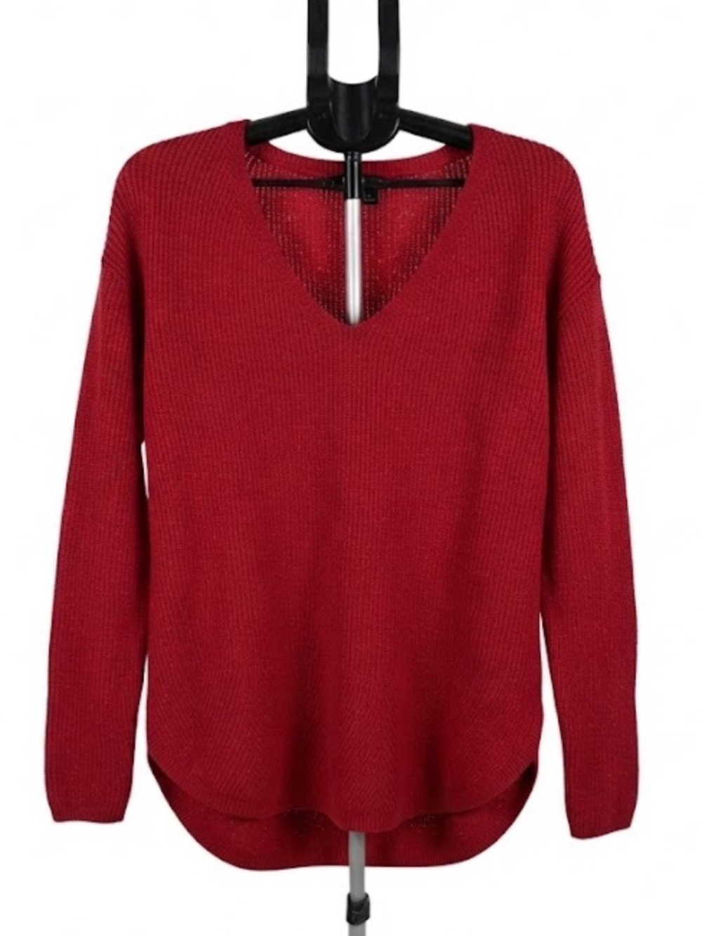A.N.A Red V-Neck Sweater Size L 100% Cotton Ribbed Knit Long Sleeve Pullover